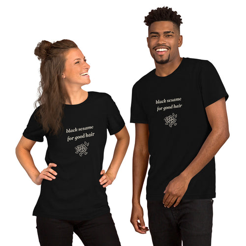 Black Sesame for Good Hair folklore t-shirt with hand-drawn sesame seeds, black, man, girl, tee