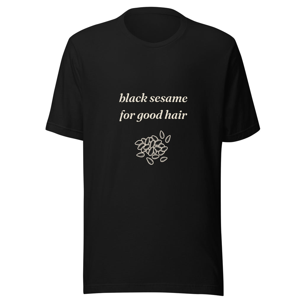 Black Sesame for Good Hair folklore t-shirt with hand-drawn sesame seeds, black
