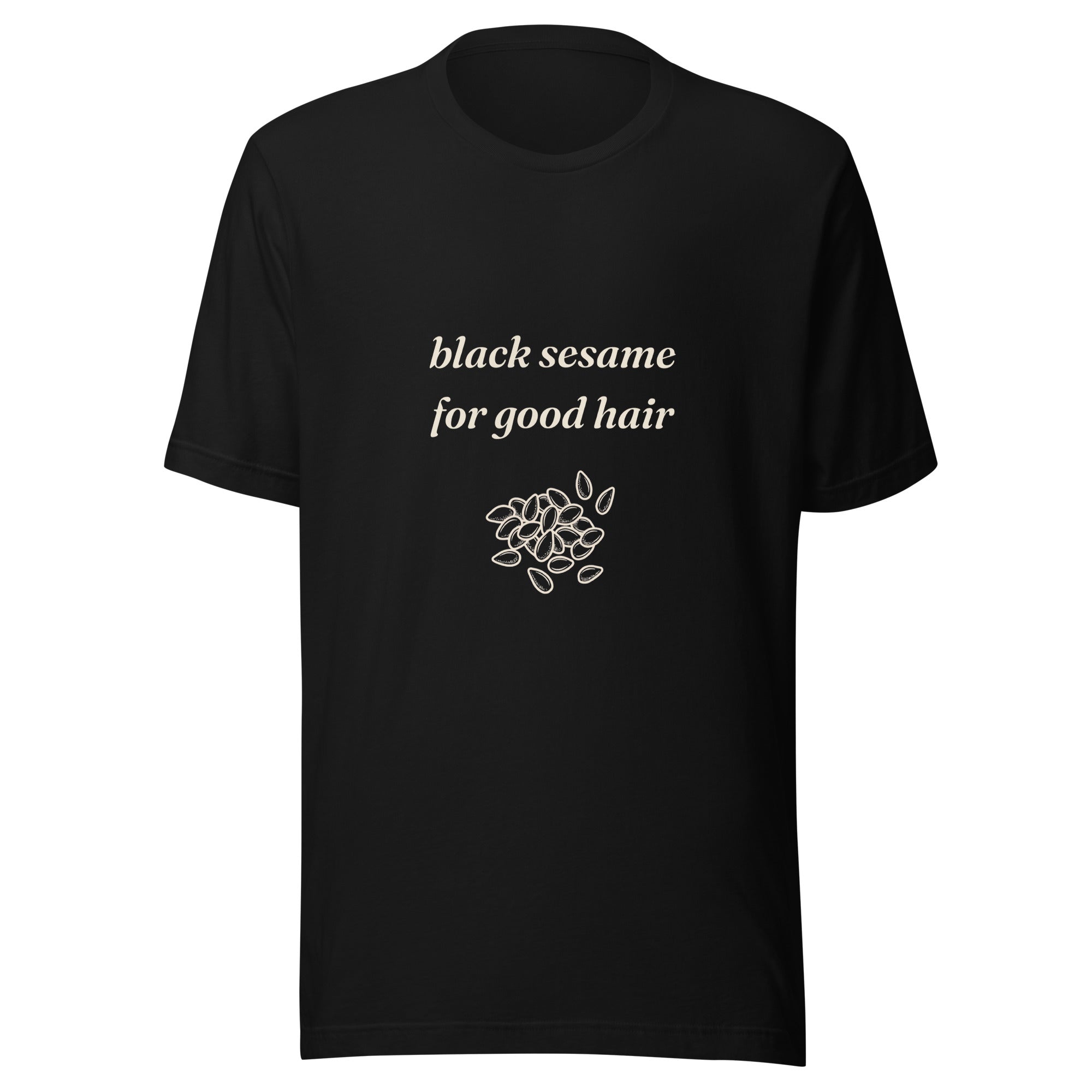 Black Sesame for Good Hair folklore t-shirt with hand-drawn sesame seeds, black