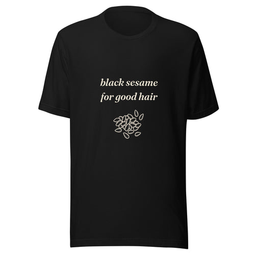 Black Sesame for Good Hair folklore t-shirt with hand-drawn sesame seeds, black