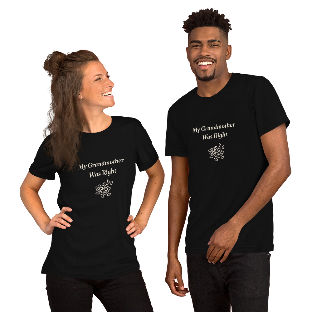 My Grandmother Was Right black sesame folklore t-shirt with hand-drawn sesame seeds, black, man, girl, tee