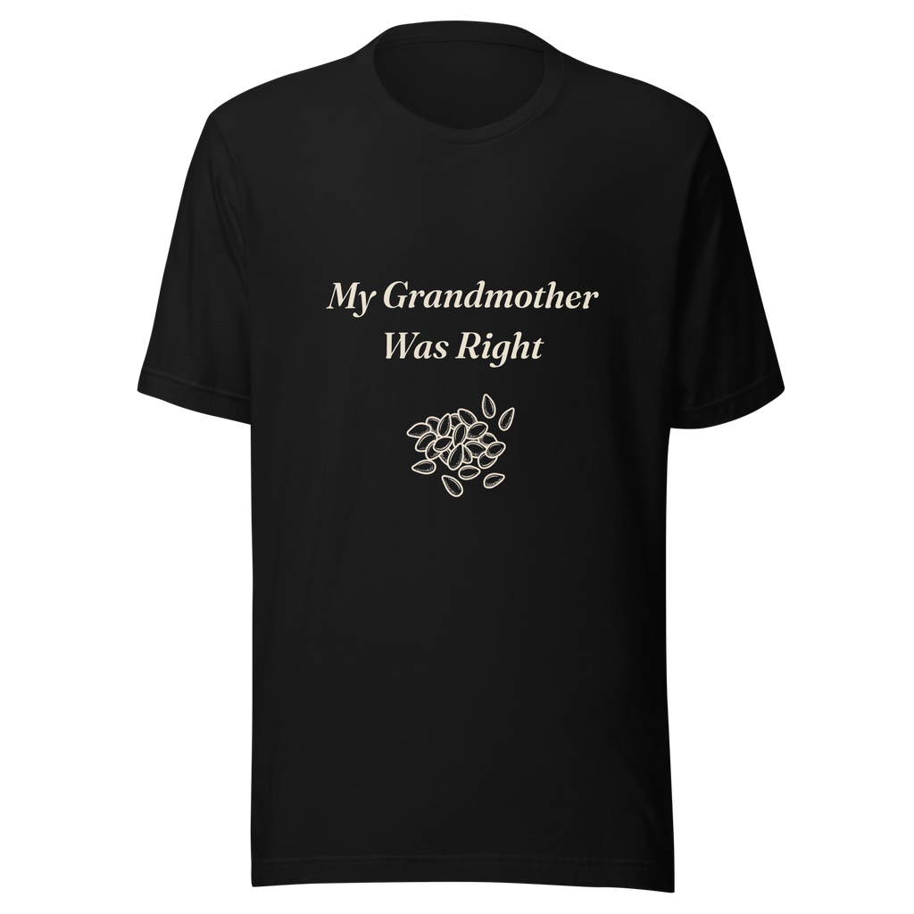 My Grandmother Was Right black sesame folklore t-shirt with hand-drawn sesame seeds, black