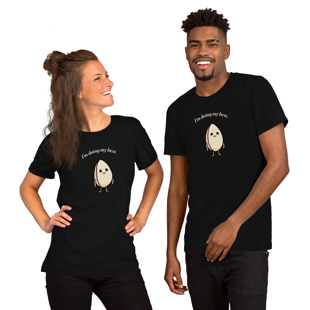 I'm Doing My Best t-shirt with a worried light tan sesame seed character, black, man, girl, tee