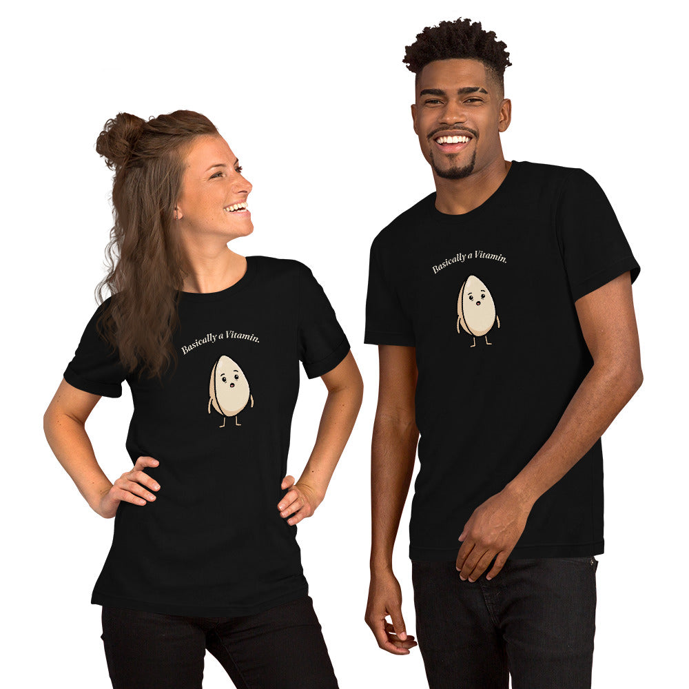 Basically a Vitamin t-shirt with a light tan sesame seed character looking surprised, black, man, girl, tee