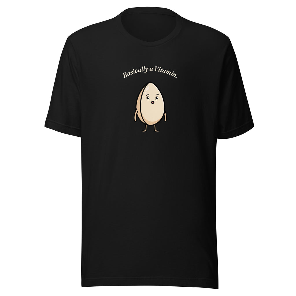 Basically a Vitamin t-shirt with a light tan sesame seed character looking surprised, black