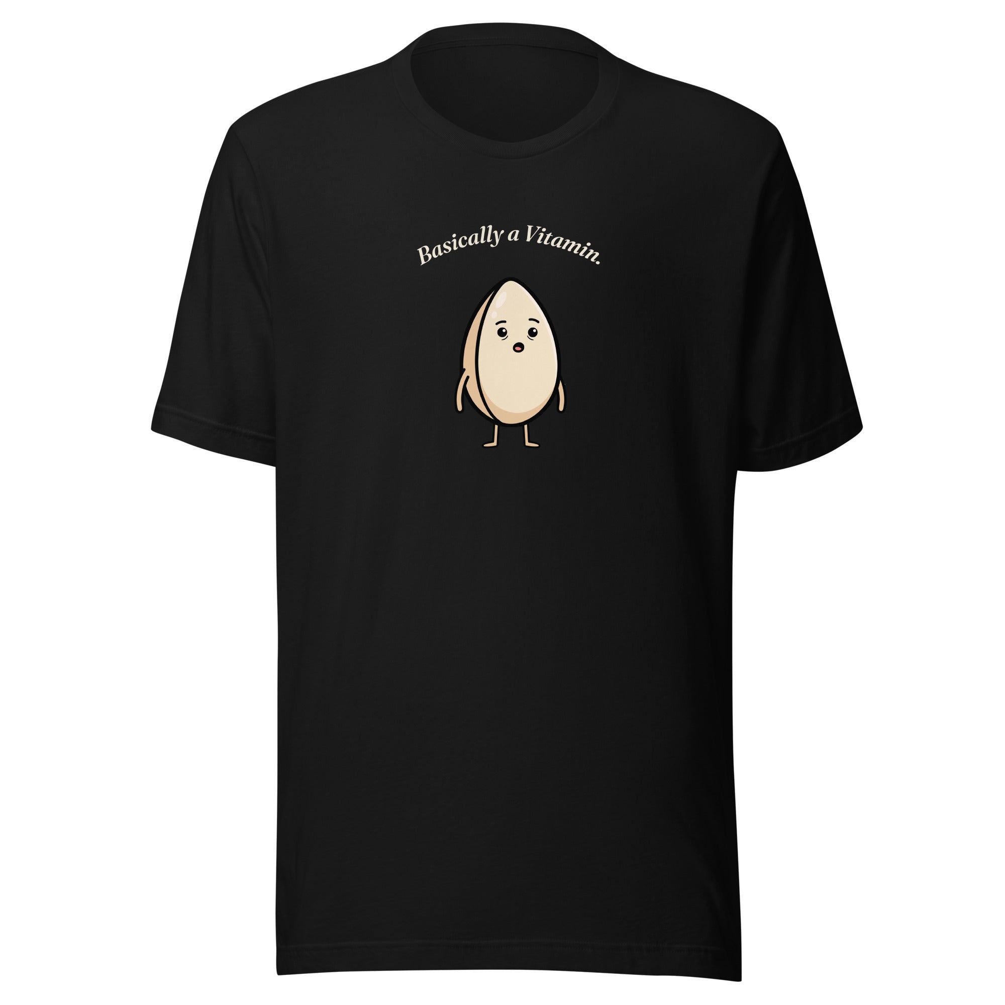 Basically a Vitamin t-shirt with a light tan sesame seed character looking surprised, black