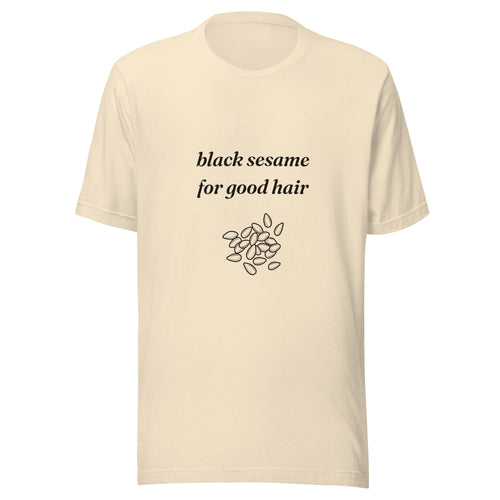 Black Sesame for Good Hair folklore t-shirt with hand-drawn sesame seeds, heather natural