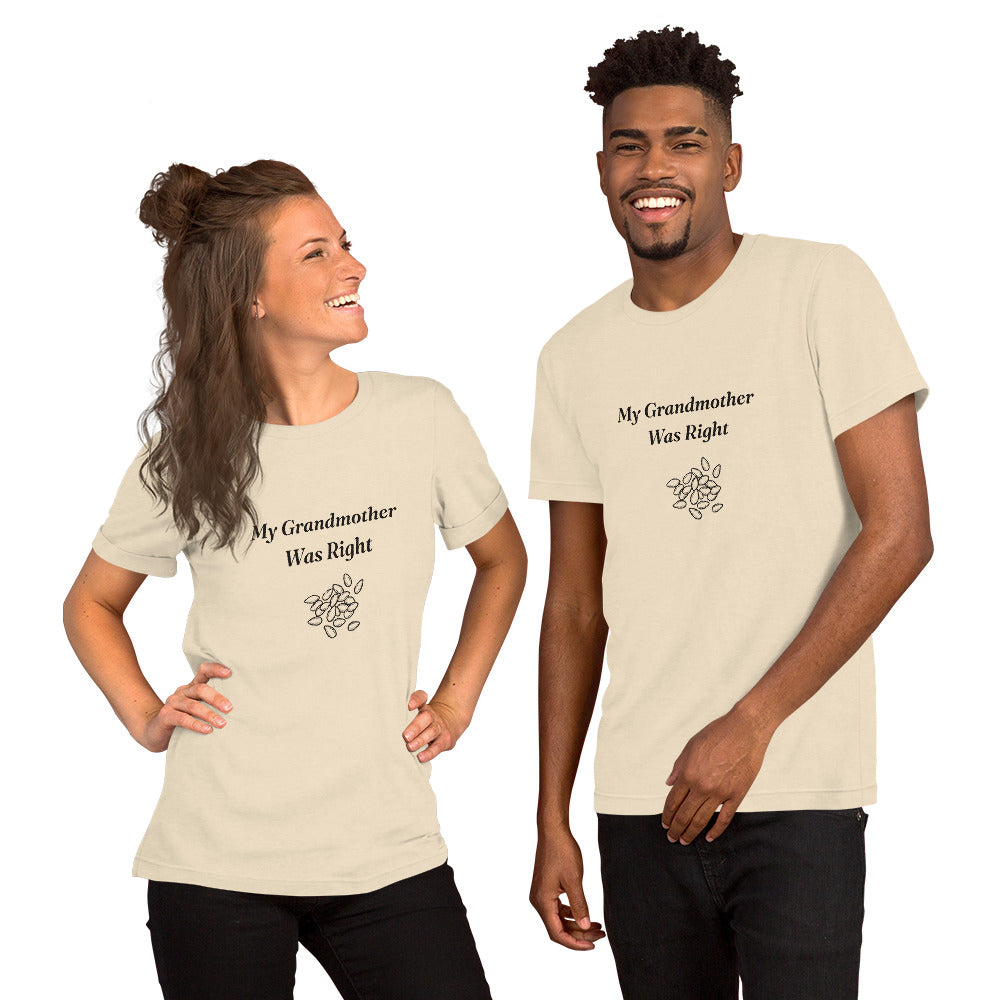 My Grandmother Was Right black sesame folklore t-shirt with hand-drawn sesame seeds, heather natural, man, girl, tee