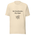My Grandmother Was Right black sesame folklore t-shirt with hand-drawn sesame seeds, heather natural