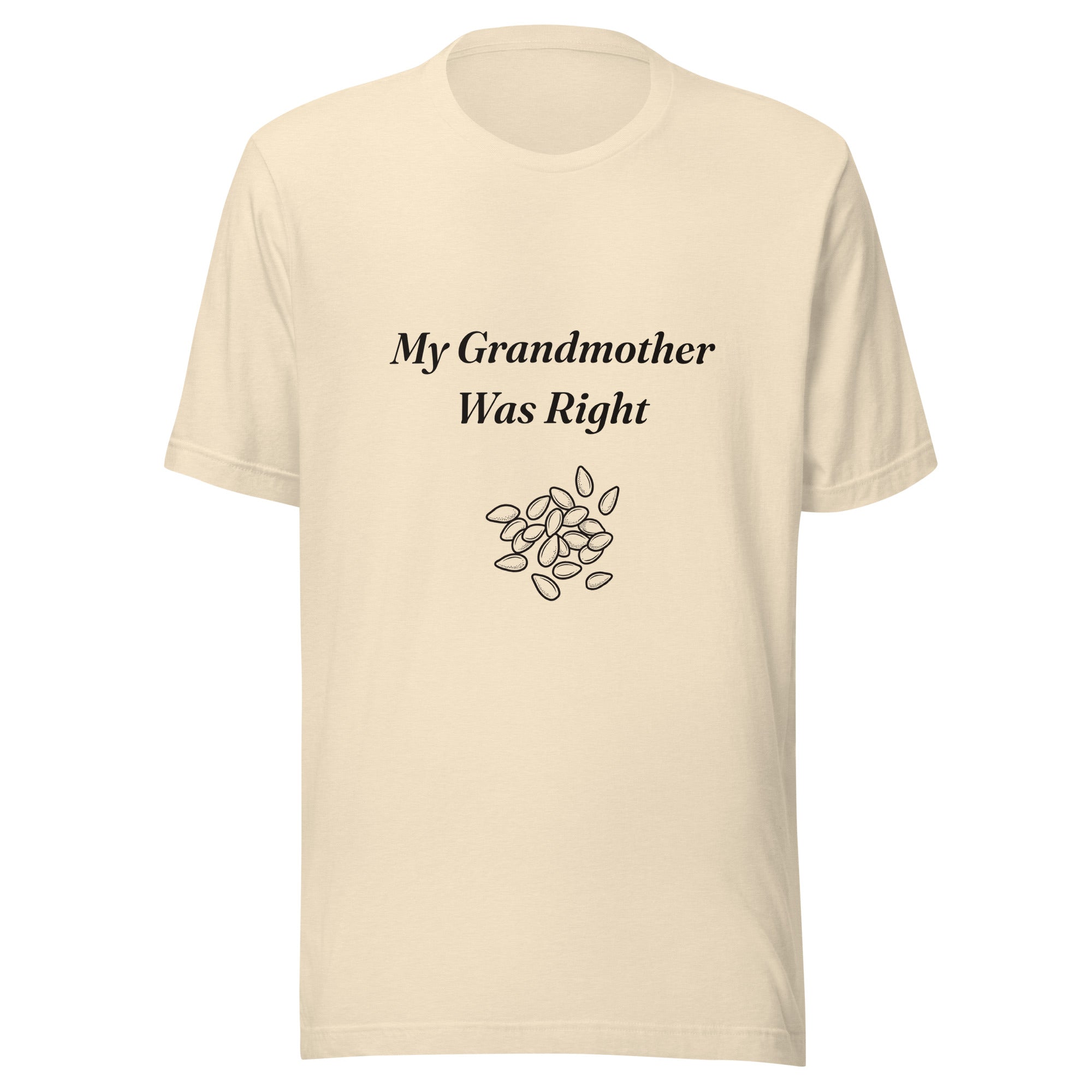 My Grandmother Was Right black sesame folklore t-shirt with hand-drawn sesame seeds, heather natural