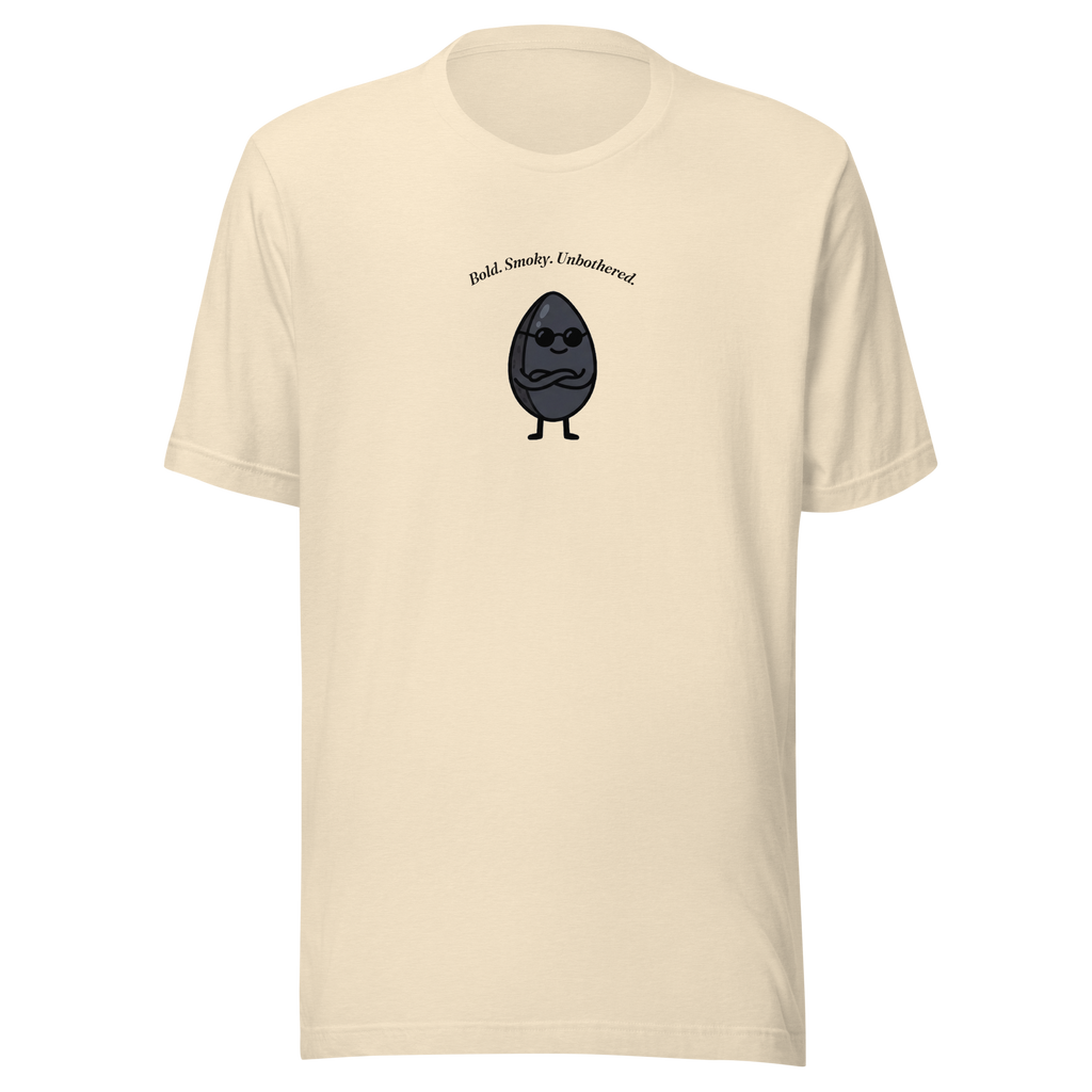 Bold Smoky Unbothered t-shirt with a black sesame seed character wearing sunglasses, heather natural