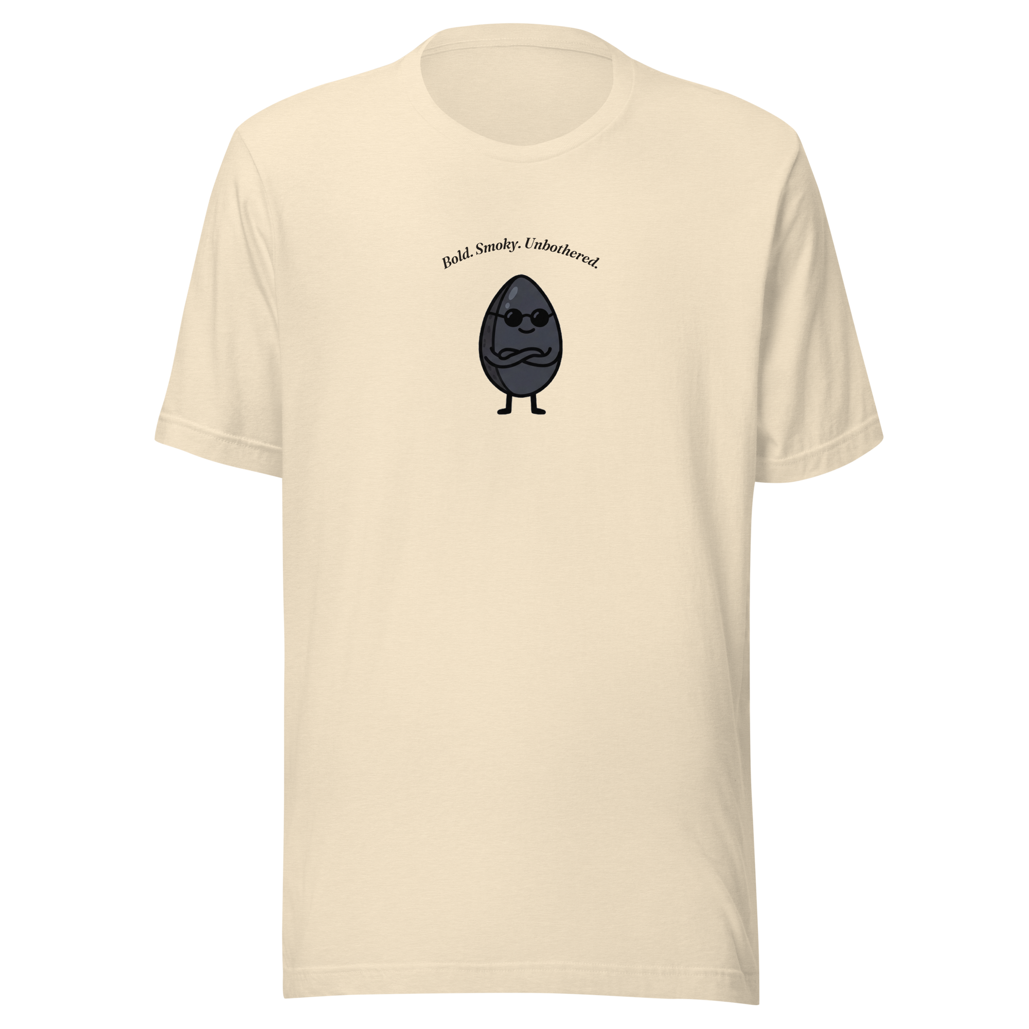 Bold Smoky Unbothered t-shirt with a black sesame seed character wearing sunglasses, heather natural