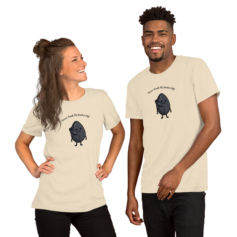 Never Took My Jacket Off t-shirt with a black sesame seed character in its dark seed coat, heather natural, man, girl, tee