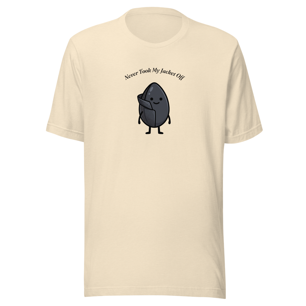 Never Took My Jacket Off t-shirt with a black sesame seed character in its dark seed coat, heather natural