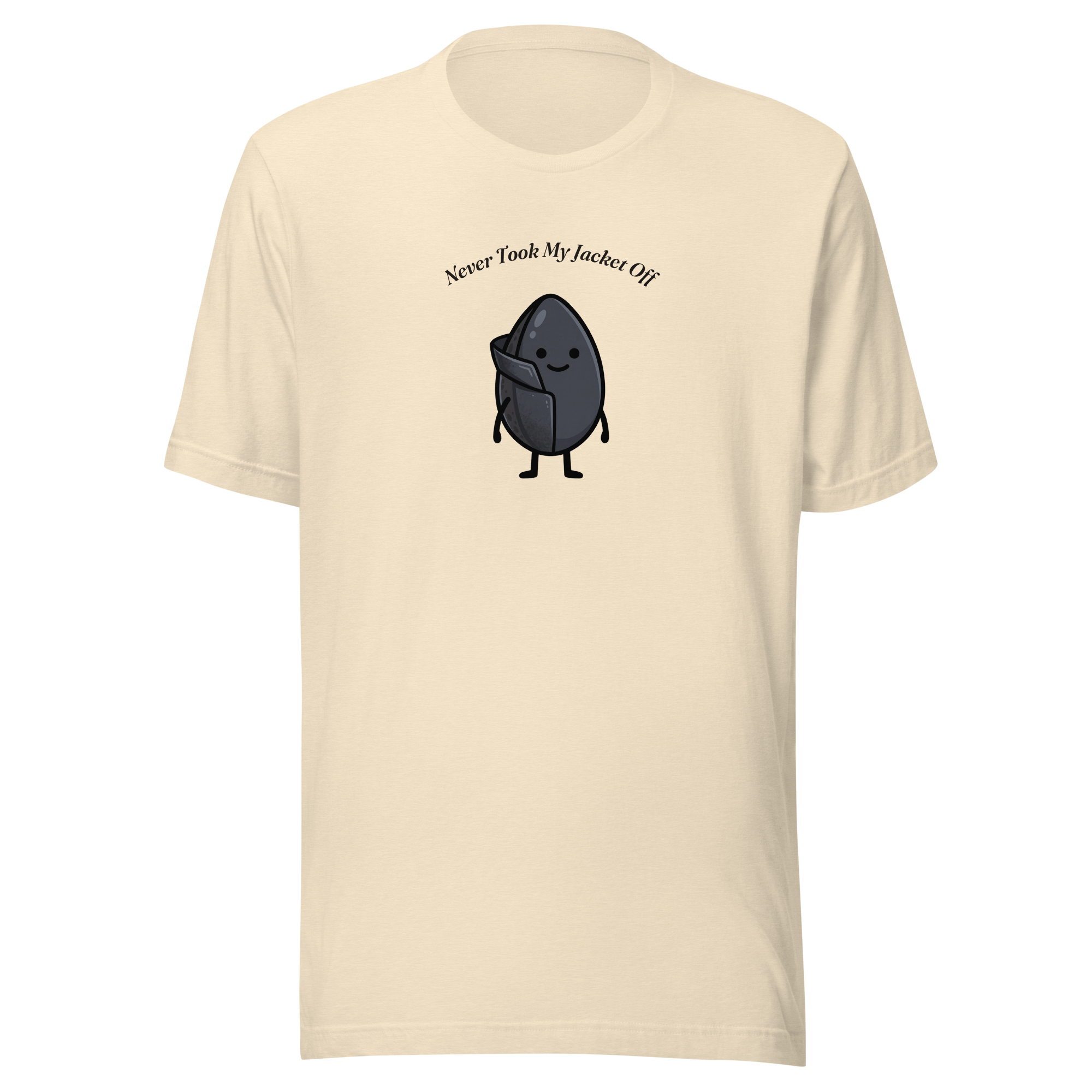 Never Took My Jacket Off t-shirt with a black sesame seed character in its dark seed coat, heather natural