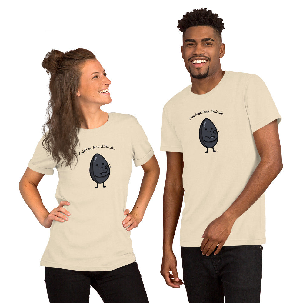 Calcium Iron Attitude t-shirt with a black sesame seed character flexing, heather natural, man, girl, tee