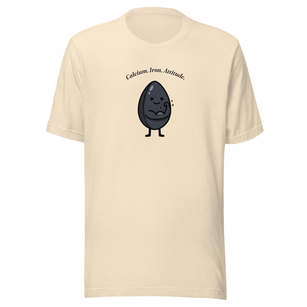 Calcium Iron Attitude t-shirt with a black sesame seed character flexing, heather natural