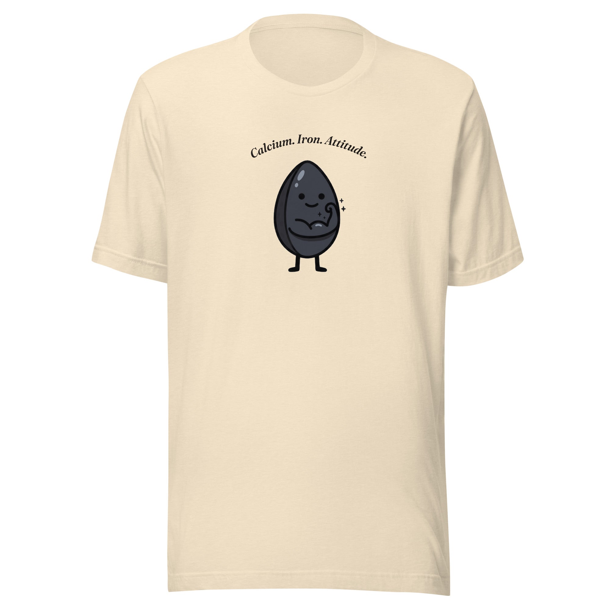 Calcium Iron Attitude t-shirt with a black sesame seed character flexing, heather natural