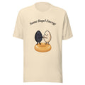 Same Bagel Energy t-shirt with a black sesame seed and a tan sesame seed fist-bumping on a bagel, cream